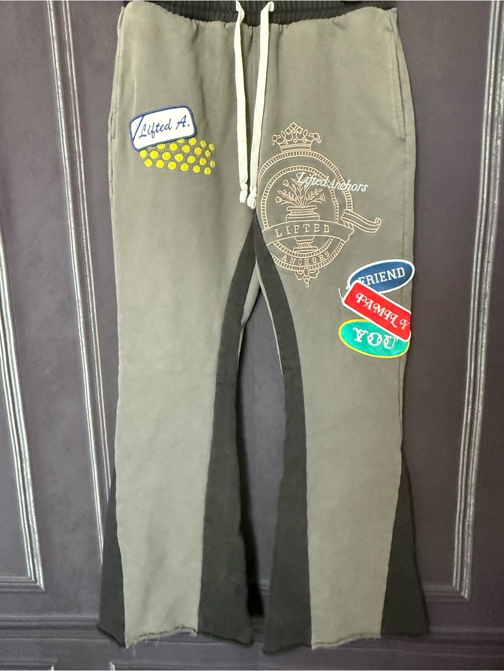 Lifted Abchors Flared Jogger Pants with embroidery and patches